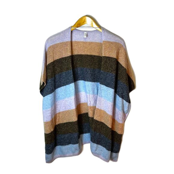 Nordstrom Gray Lilac Brown Blue Large Striped Cashmere Ruana Sweater Wrap O/S - Picture 2 of 14